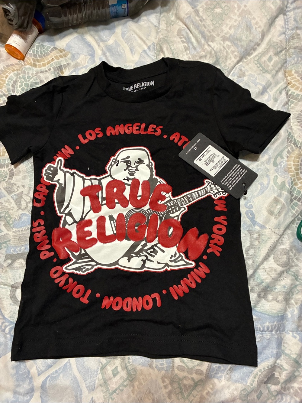 True Religion Black Tee with Red & White Graphic Buddha Logo